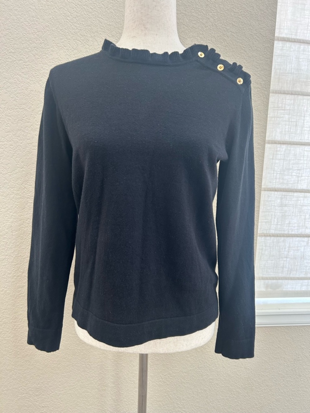 Black J.Crew Ruffle Neck Button Shoulder Sweater M